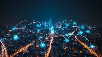 Smart digital city with connection cyber security network reciprocity over the cityscape . future smart wireless digital city and social media networking systems that connects people within the city