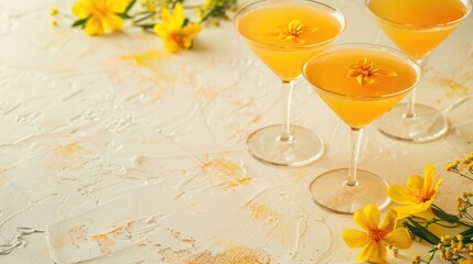 St. David's Day celebration, traditional Welsh drinks, elegant cocktail on the bar, decorated with daffodil flowers, horizontal banner, light background, copy space, free space for text