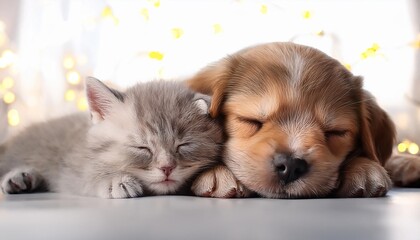 cute little kitten and puppy sleeping together