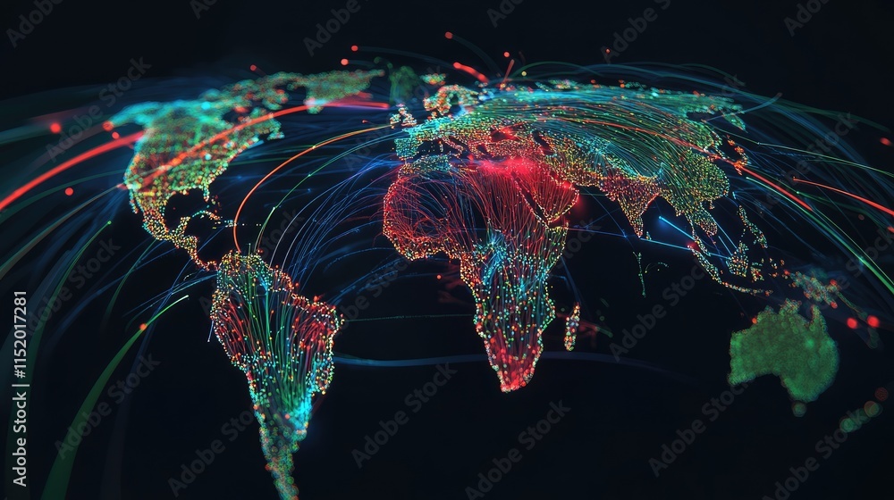 Poster high-tech visualization of interconnected global business platforms highlighting human resources col