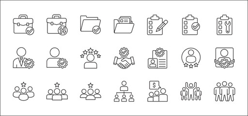 Leadership professional icon set. Task and job icons. Containing icons of  occupation, assignment, management, business, motivation, specialist, briefcase, accounting, list. Thin line icon design.