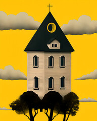 Church house in the sky, surreal illustration on yellow background