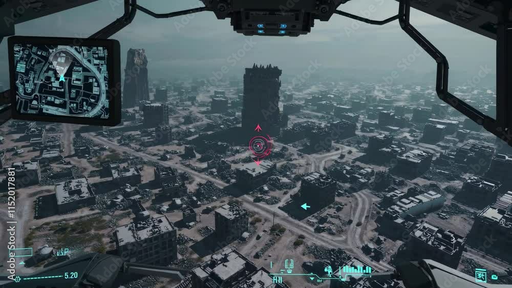 Poster exploring a futuristic urban landscape from a cockpit perspective in a detailed digital environment