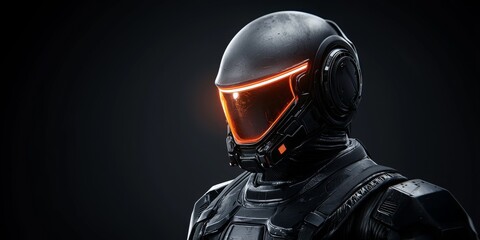 Digital transformation and adaption technology. Futuristic helmet with glowing orange accents in dark setting.