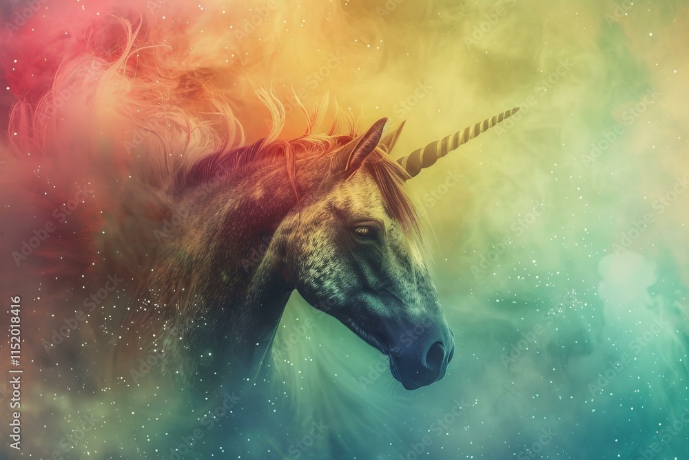 Poster Majestic unicorn with a flowing mane emerges from colorful nebula clouds, creating a stunning display of fantasy and wonder