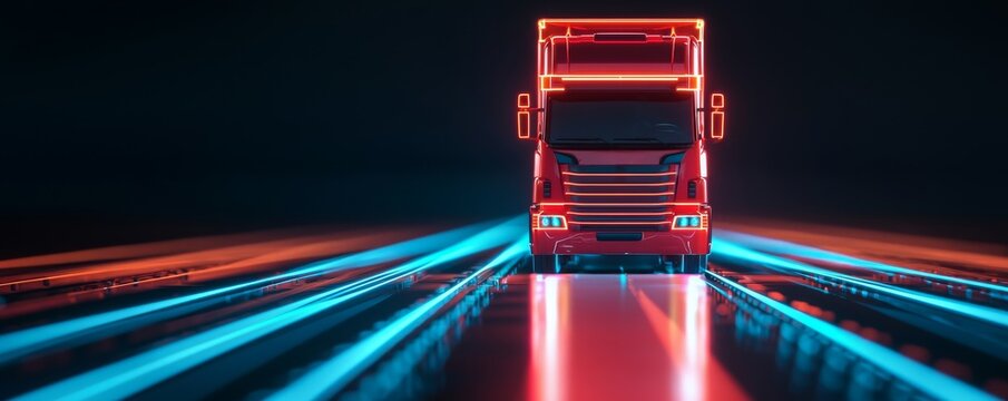 Digital transformation and adaption technology. Neon truck illuminated by colorful lights on a dark road.