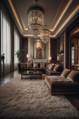 Luxury Living Room Interior with Sectional Sofa and Crystal Chandeliers
