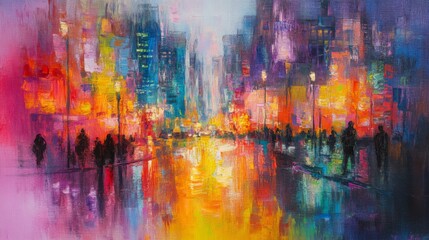 Obraz premium Colorful Cityscape with Bustling Streets and Evening Lights