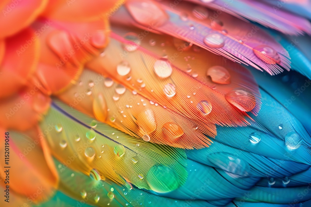 Poster close up of colorful bird feathers with water drops, creating a vibrant and abstract natural pattern