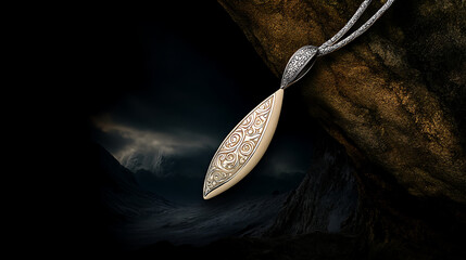 Koryak wedding pendant crafted from mammoth bone featuring sacred patterns against a dark backdrop