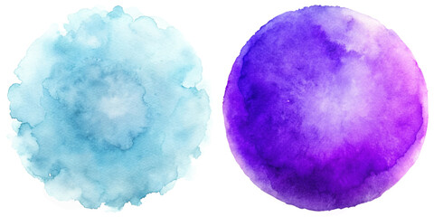 Striking blue and purple watercolor circles create a bold and artistic visual statement.