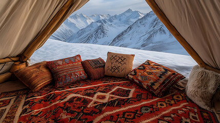View from Kyrgyz wedding yurt with traditional carpets and pillows