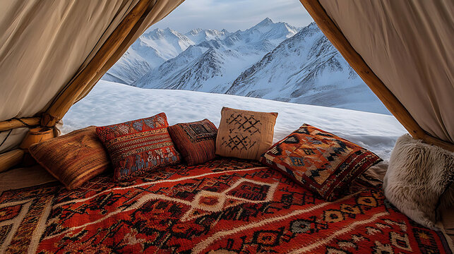 View from Kyrgyz wedding yurt with traditional carpets and pillows