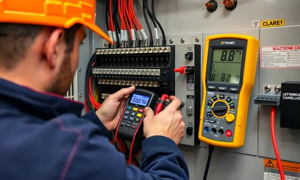Electrician Working on Electrical Panel with Multimeter