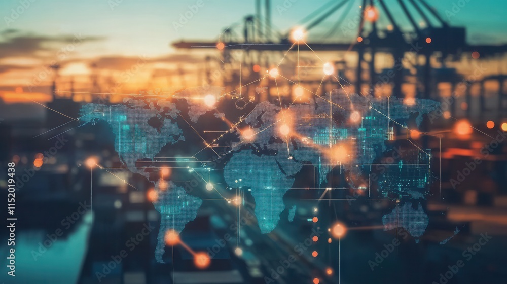 Poster borderless trade ecosystem, exploring blockchain's role in enhancing global commerce through secure 