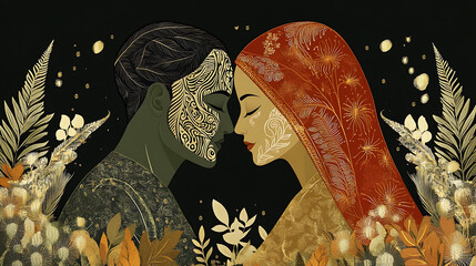 Maori couple in love sharing a tender moment in fern forest with traditional ta moko background, vector graphics