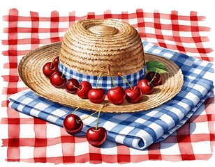 Water Color Illustration Straw Hat and Fresh Cherries on a Picnic Blanket