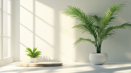 Fototapeta premium A white room with a large potted plant in the center