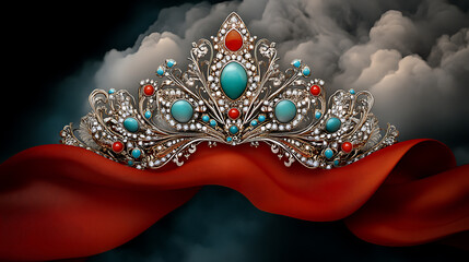 Obraz premium Mongolian wedding crown with turquoise and red gemstones on silk background