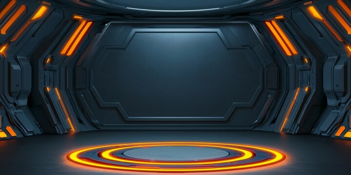 Digital transformation and adaption technology. Futuristic room with glowing orange accents and dark metallic walls.