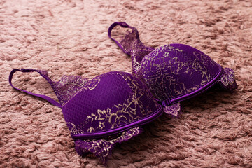 A purple undergarment, specifically a bra, is laying on a brown carpet