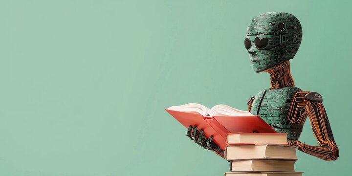 Digital transformation and adaption technology. Robot reading a book with a stack of books in a minimalist setting.