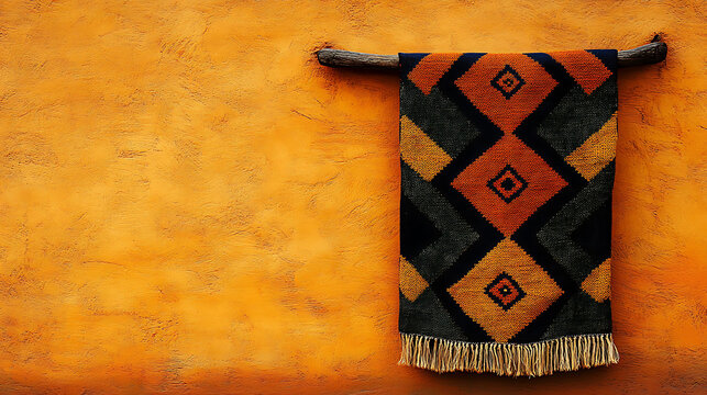 Ndebele wedding blanket, vibrant geometric pattern, hanging on textured orange wall, copy spice