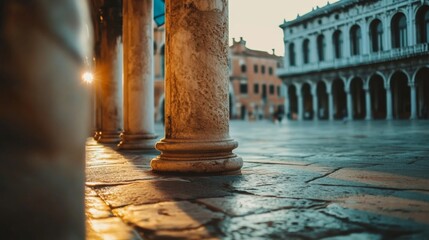 Detailed Stonework in Bright City Square Lighting