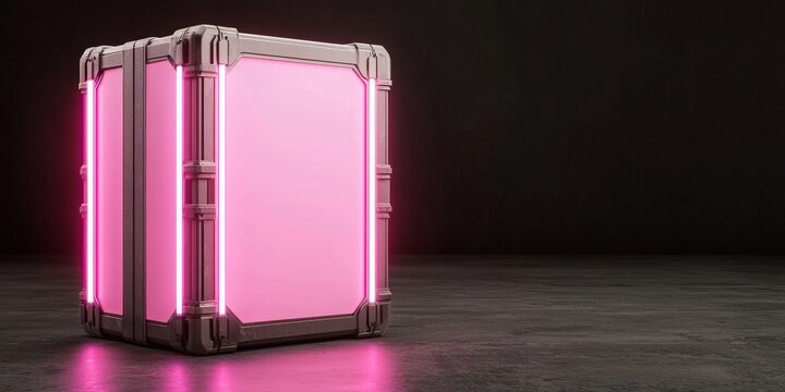 Digital transformation and adaption technology. Futuristic glowing cube with pink neon accents on a dark background.