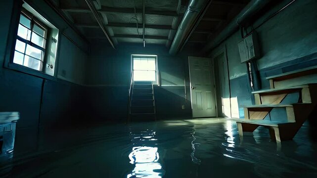 A flooded basement with a staircase and light streaming through a window.