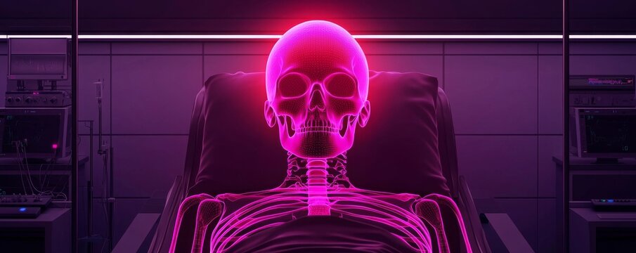 Digital transformation and adaption technology. Futuristic glowing skeleton with a pink hue in a clinical setting.