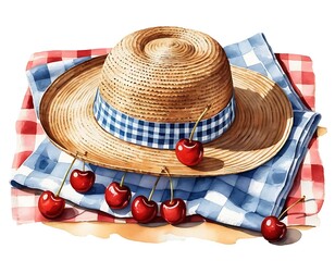 Water Color Illustration Straw Hat and Fresh Cherries on a Picnic Blanket
