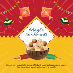  Maghe Sankranti with colorful kites soaring in the sky vibrant thread reels traditional sweets and a red yellow background featuring bursts of light and festive flags symbolizing joy and gratitude