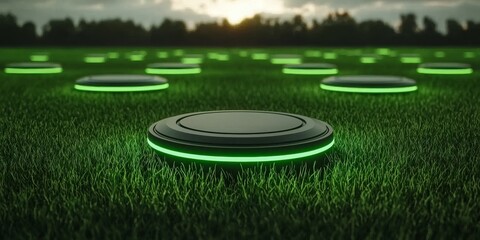 Digital transformation and adaption technology. Glowing discs on grassy field at sunset.