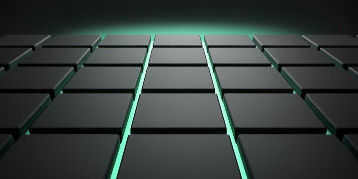 Digital transformation and adaption technology. Futuristic grid with glowing edges and dark tiles.