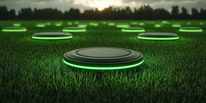 Digital transformation and adaption technology. Glowing discs on grassy field at sunset.