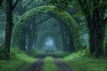 Breathtaking view of a misty forest pathway with lush green archways created by intertwining trees
