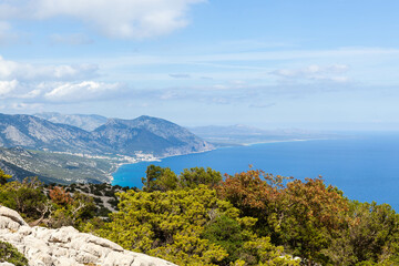View at Sardinian coast in Gulf of Orosei region, Italy. Blue Mediterranean sea view with Cala...