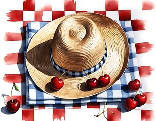 Water Color Illustration Straw Hat and Fresh Cherries on a Picnic Blanket