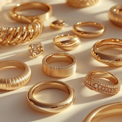 Elegant gold jewelry collection displaying rings and bangles in sunlight
