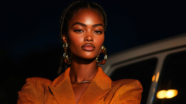 Stylish Black Woman Night Portrait  Fashion  Gold Earrings  Orange Blazer