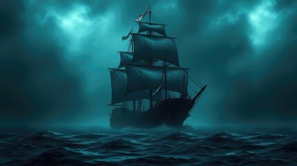 Fototapeta premium a pirate ship in horror black blue sky, sea haunted cloud, scary ocean, depression background, mystery gloomy dark theme, blur texture, 