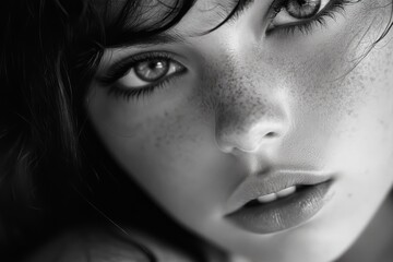 Black and white portrait of a young woman with intense gaze