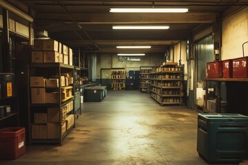 Obraz premium Industrial storage room with shelves full of boxes and barrels