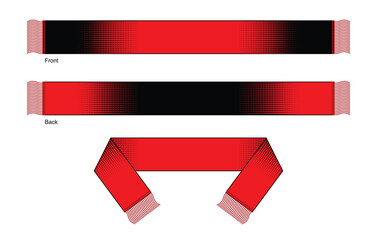 Red-Black Soccer Fans Scarf with Halftone Style Design on White Background. Front and Back Views, Vector File