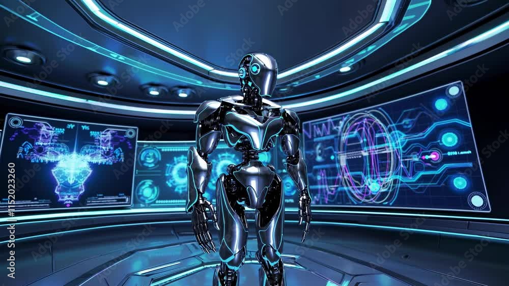 Poster exploring a futuristic robot in a high-tech control room with holographic displays and sleek design