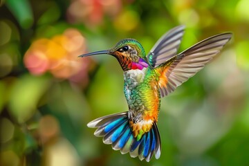 Tiny hummingbird with iridescent plumage hovering in a tropical garden