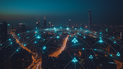 Fototapeta premium Smart digital city with connection cyber security network reciprocity over the cityscape . future smart wireless digital city and social media networking systems that connects people within the city