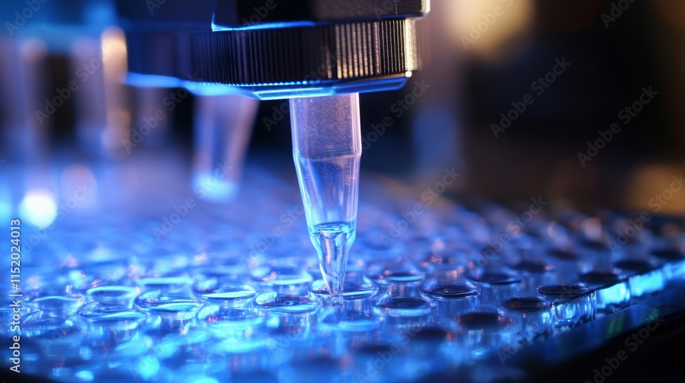 Aufkleber Laboratory setup focused on bioinformatics where a precision pipette is dispensing liquid into microtiter plates under blue lighting. The technology emphasizes automation in biological research.
