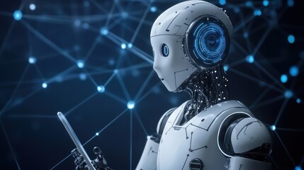 Fototapeta premium A humanoid robot interacts with a digital device amidst a network of connections.